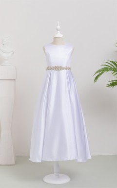 Satin Scoop-neck Sleeveless Solid Flowergirl Dress with Beaded Waist