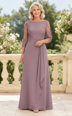 Vintage-Brautkleid in Mauve-Spitze, schlicht und elegant, mit Illusion-Ausschnitt, Dreiviertelärmeln, A-Linien-Schnitt und bodenlangem Chiffon-Detail, ideal für die Mutter älterer Bräute.