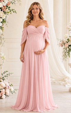 Elegante vestido de fiesta largo de gasa color rosa rubor para embarazadas, con hombros descubiertos y mangas drapeadas.