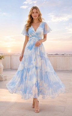 Blue Cloud Print Flutter Sleeve Chiffon Midi Dress