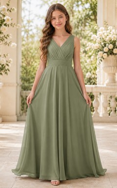 Vestido de dama de honor juvenil verde albahaca, corte en A, escote en V, sin mangas, elegante y formal.