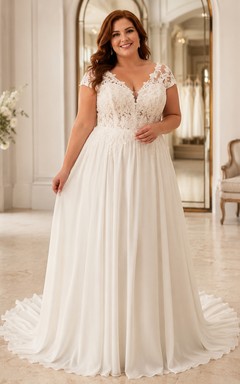 Romantisches, elegantes Brautkleid in Übergröße, bodenlang, mit V-Ausschnitt und kurzen Ärmeln