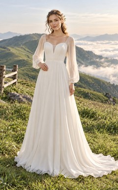 Vestido de novia sencillo de gasa con escote corazón y mangas largas, corte A, estilo campestre.