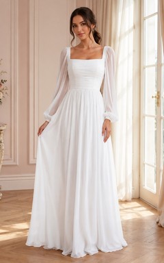 Vestido largo de gasa con escote cuadrado, corte en A y manga larga.