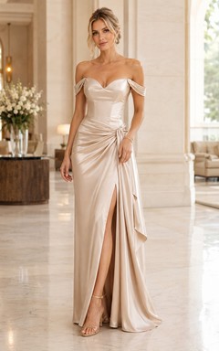 Evening Gown Champagne Satin Sheath Off Shoulder Short Sleeve with Slit Floor Length