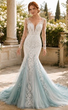 Türkisfarbenes Meerjungfrauen-Brautkleid mit V-Ausschnitt, langen Ärmeln, Tüllspitze und Kapellenschleppe – ein luxuriöses Kleid