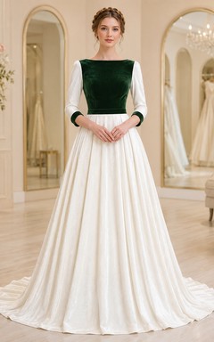 Elegantes Brautkleid aus smaragdgrünem Samt in A-Linie mit Schmucksteinen, langen Ärmeln und Schleppe