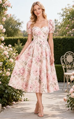 Pink floral sweetheart puff sleeve botanical tea dress