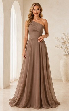 Vestido formal de gasa color topo de un solo hombro y corte en A