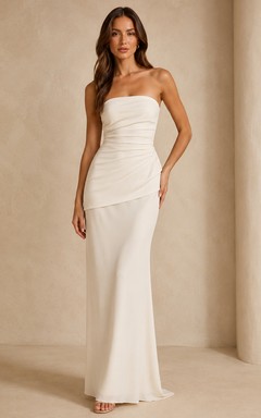 Strapless draped floor length sheath gown with side overlay