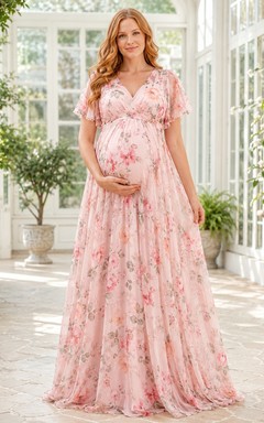 Maternity Pink Floral V-Neck Flutter Sleeve Empire A-Line Floor-Length Romantic Dress