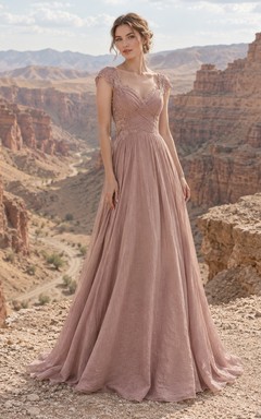Vestido de novia color rosa empolvado con cuello joya, corpiño de encaje y mangas cortas