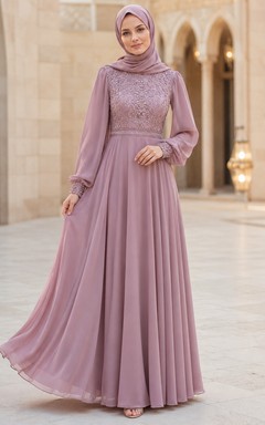 Schlichtes Vintage-Abendkleid aus mauvefarbenem Chiffon mit hohem Kragen, langen Puffärmeln, Perlenbesatz und A-Linien-Schnitt, bodenlang, mit Hijab-Abendkleid