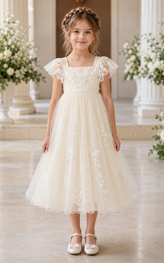 Langärmeliges A-Linien-Kleid aus Spitze und Tüll für Blumenmädchen mit Rundhalsausschnitt und wadenlangem Rock
