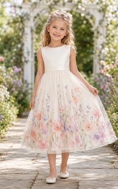 Aquarell-Blumenkleid für Blumenmädchen mit ärmellosem A-Linien-Oberteil, Tüllrock, bedrucktem Saum und Teelänge