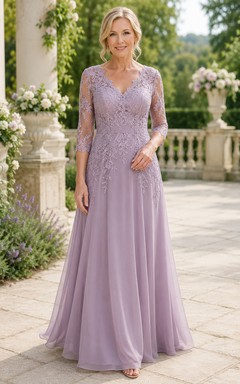 Lavender Lace Bodice A-Line Mother Dress With Three Quarter Sleeves