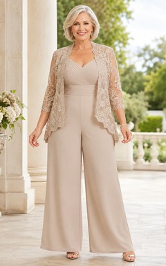 Champagnerfarbener Spitzenjumpsuit von Mother mit V-Ausschnitt-Spitzenjacke und weit geschnittener Hose