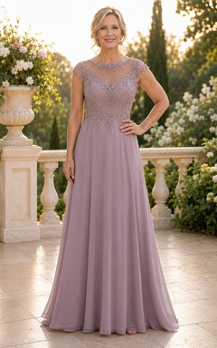 Lila Chiffon-Kleid in A-Linie mit perlenbesetztem Oberteil