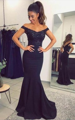 Mermaid Trumpet Satin Lace Off-the-shoulder Short Sleeve Zipper Low-V Back Dress