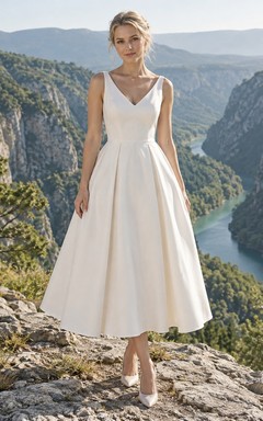 Vestido de novia sencillo, largo hasta la rodilla, escote en V, sin mangas, con tirantes anchos plisados y cintura ajustada.