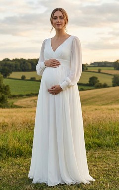 V-Neck Puff Sleeve Maternity Wedding Dress with Chiffon Skirt and Natural Waist