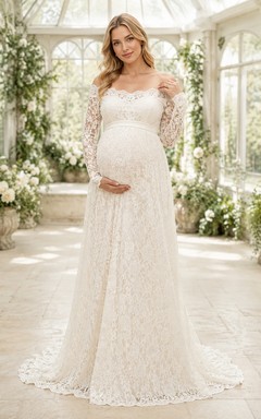 Romantisches Umstands-Hochzeitskleid aus Spitze mit langen Ärmeln, schulterfreiem Schnitt und Schleppe