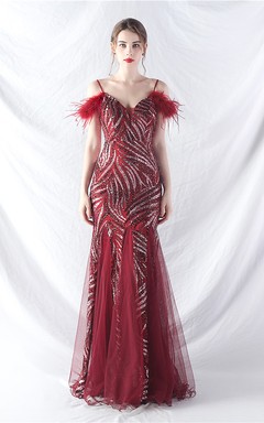 Crafted Ostrich Feather Stacked Sequins Splicing Mesh Gauze High-End Evening Dress Clothes