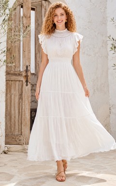 White High Neck Ruffle Sleeve Tiered Chiffon Tea-Length Dress