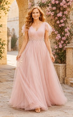 Rosafarbenes A-Linien-Kleid aus Tüll mit V-Ausschnitt und flatternden Ärmeln