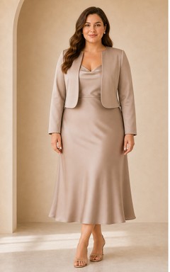 Plus Size Champagne Satin Cowl Dress with Bolero Jacket