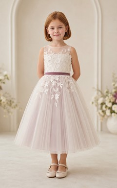 Flower Girl Dress A-Line Cream Mauve Lace Tulle Sleeveless Formal