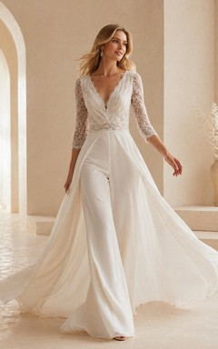 Boho Lace Bodice Wedding Jumpsuit with Scalloped V-Neck & 3/4 Sleeves
