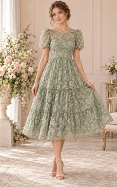 Tea-length Sage Puff Sleeve Tiered Floral Lace Wedding Guest Dress
