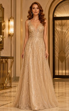 Goldener Schimmer Champagner A-Linien-Abendkleid mit V-Ausschnitt, ärmellos und Pailletten, luxuriös, bodenlang