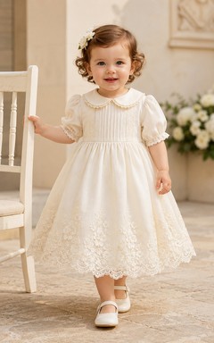 Collared Baptism Dress A-Line Cotton Lace Short Sleeve Vintage Skirt