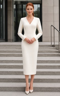 Vestido de novia de corte recto con escote en V y manga larga para la ceremonia civil en el juzgado