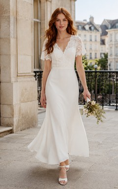 Short Sleeve Lace Bodice Chiffon Civil Elopement Bridal Gown