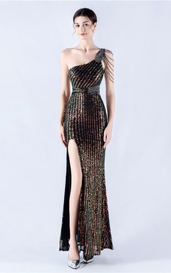 Heavy Beaded One-Shoulder Oblique Collar High Fork Sequin Dinner Dress