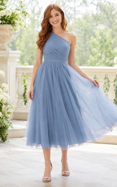 Dusty Blue One Shoulder Tulle Tea Length A Line Cocktail Dress