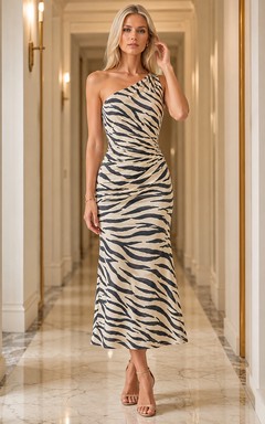 Cream Zebra One Shoulder Bodycon Satin Midi Cocktail Dress