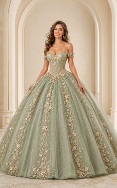 celadon Champagne Luxury Off Shoulder Sweetheart Embroidered Tulle Quinceanera Princess Ball Gown