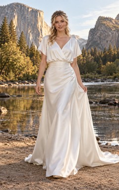 Vestido de novia sencillo de corte A, escote en V, manga corta, fruncido, satén, falda acampanada y largo hasta el suelo