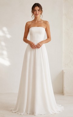 Strapless Chiffon A-Line Wedding Dress with Clean Bodice and Soft Train