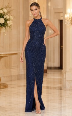 Ink Navy Halter Sequin Split Sheath Floor Length Evening Formal Gown