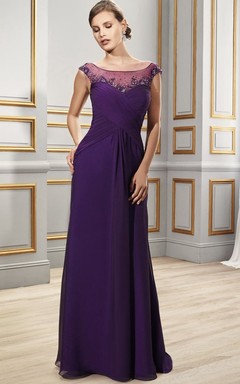 Scoop Neck Cap Sleeve Criss-Cross Chiffon Formal Dress