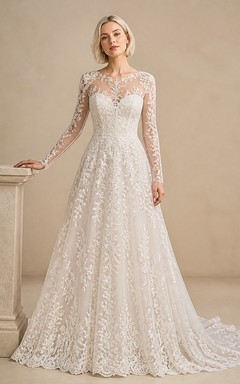 Elegante vestido de novia de capilla con escote en V profundo en la espalda y mangas largas para novias mayores