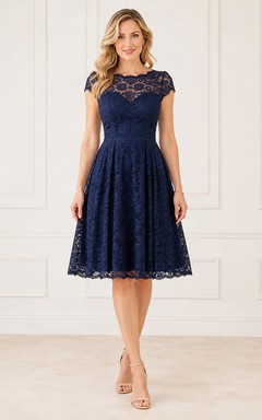 Dark Navy Lace Jewel Neck Cap Sleeve A-Line Knee-Length Dress