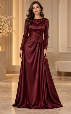 Robe de soirée sobre en satin drapé bordeaux à col bénitier et manches longues