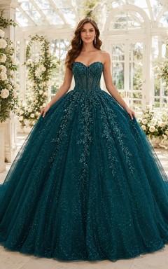 Dunkelgrünes, glitzerndes, trägerloses Tüll-Ballkleid mit Herzausschnitt, bodenlang