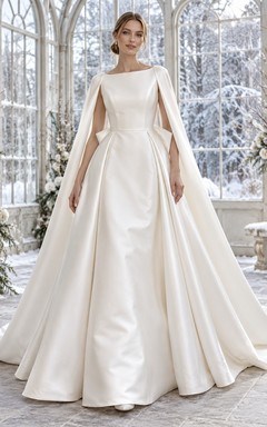 Vestido de novia sencillo de invierno con escote barco, sin mangas, de satén plisado con lazo y capa, corte en A